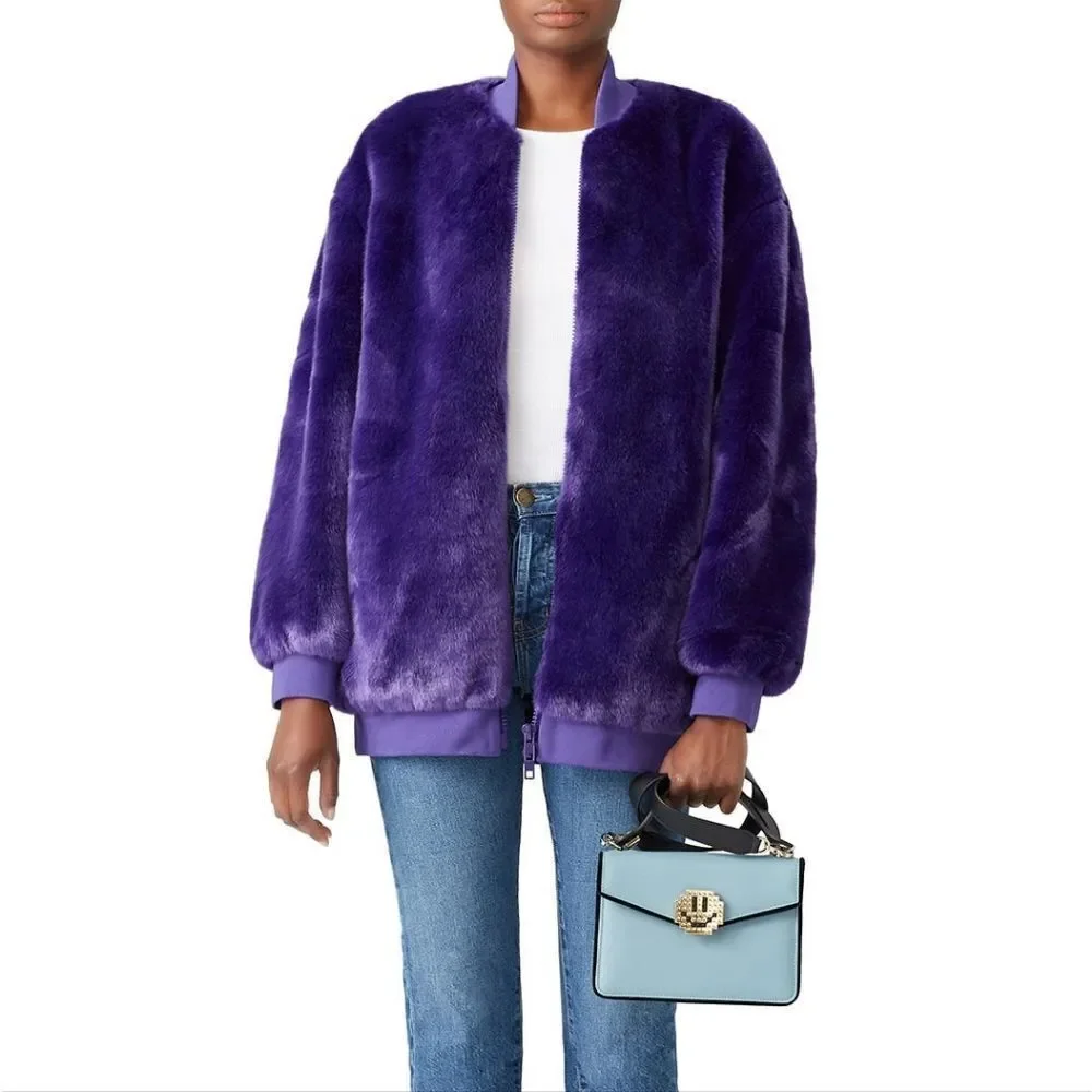 Tibi Luxe Faux Fur Mid Length Sporty Bomber Jacket in Purple - Picture 3 of 13